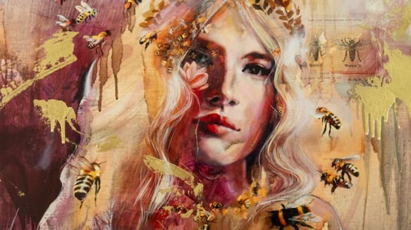 yellow potrait painting girl and bees in yellow
